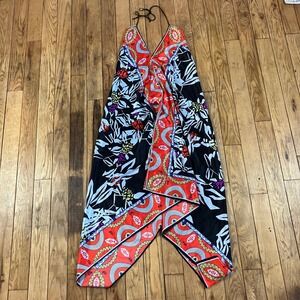Vintage Rubber Ducky Productions Halter Maxi Dress Scarf Print Handkerchief Hem